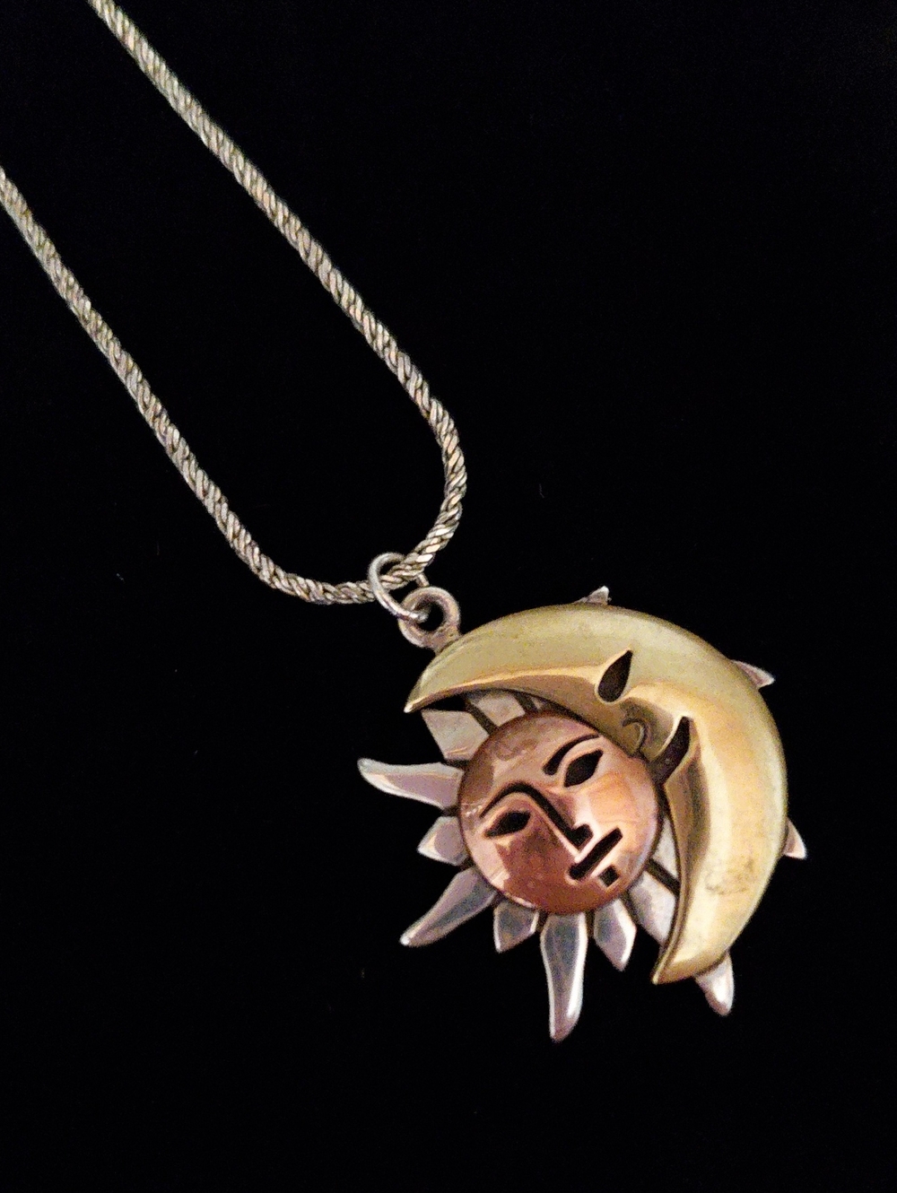 Vintage Taxco Mexico 925 Mixed Metal Sun Moon Celestial Necklace